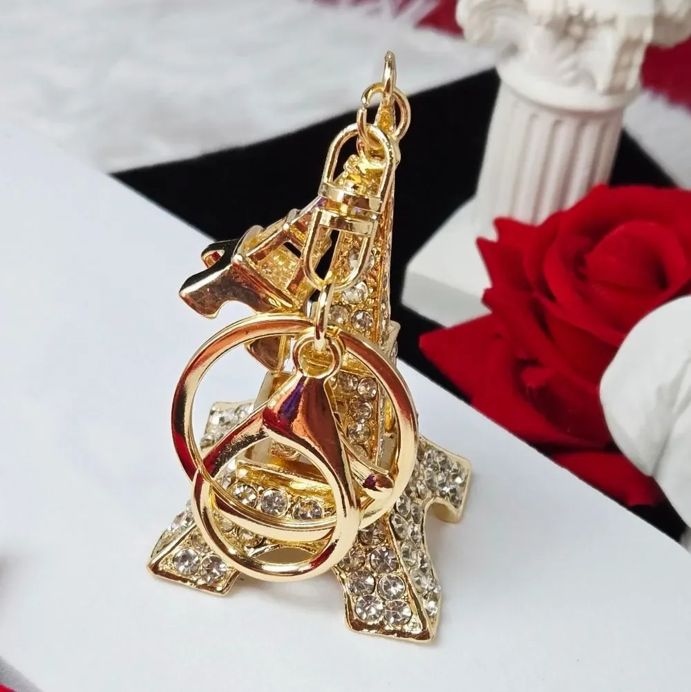 Gold Rhinestone Eiffel Tower Keychain Paris Charm Statement Bag Clip Accessory